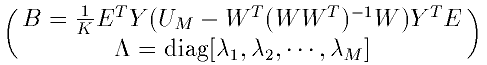 \begin{displaymath}
\pmatrix{
B=\frac{1}{K}E^TY(U_M-W^T(WW^T)^{-1}W)Y^TE\cr
\Lambda=\mbox{diag}[\lambda_1,\lambda_2,\cdots,\lambda_M]
}
\end{displaymath}